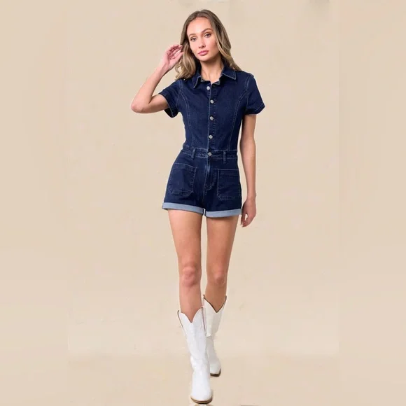 NEW!! STRETCHY DENIM BLUE COLLARED ROMPER WITH POCKETS - Picture 3 of 6